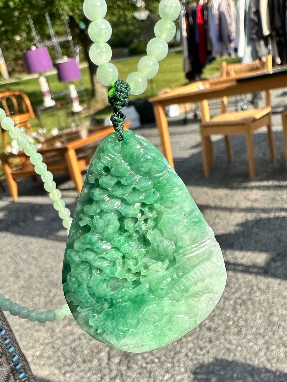 Natural Jadeite Landscape Pendant Necklace Green White Carved Jade Bead Chain